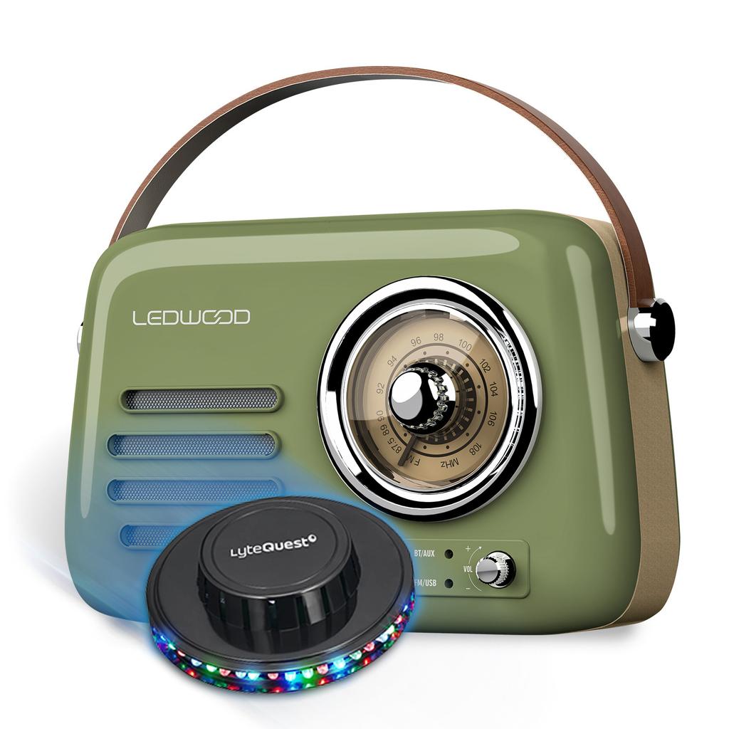Radio Radio Rétro portable Ledwood ALMA, FM, Bluetooth Entrée USB, Puissance 30W, Batterie 1500mAh, Retro Vintage Vert Olive, OVNI LED Reconditionné - N/A reconditionné disponible sur Backmarket