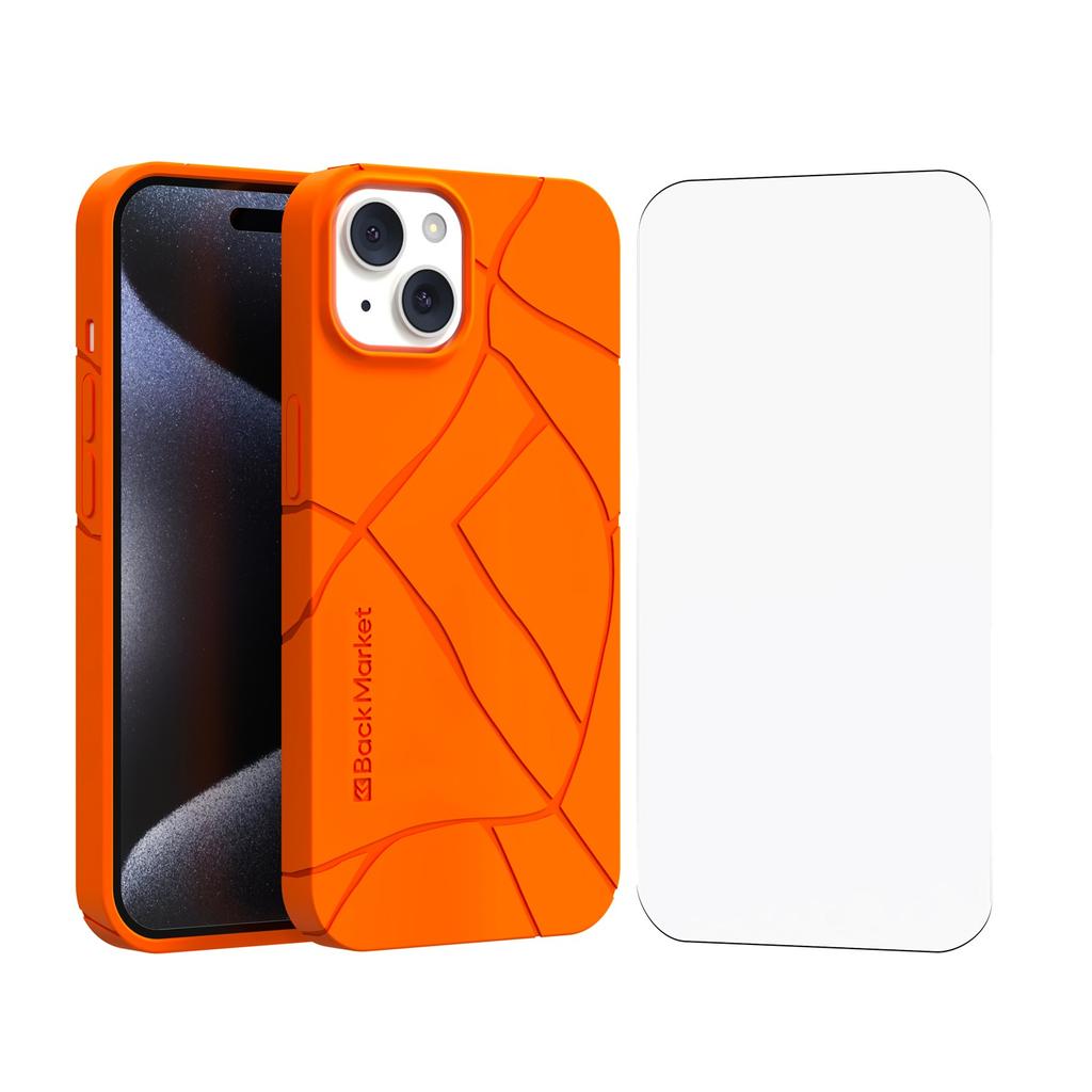 Coque Back Market iPhone 15 et écran de protection - Plastique recyclé - Neon Orange (Kintsugi) Reconditionné - Back Market reconditionné disponible sur Backmarket