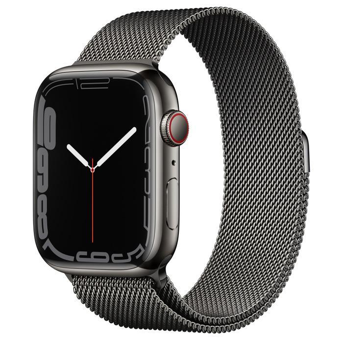 Apple Watch Series 7 (2021) GPS + Cellular 45 mm - Acier inoxydable Graphite - Bracelet milanais Noir Reconditionné - Apple reconditionné disponible sur Backmarket