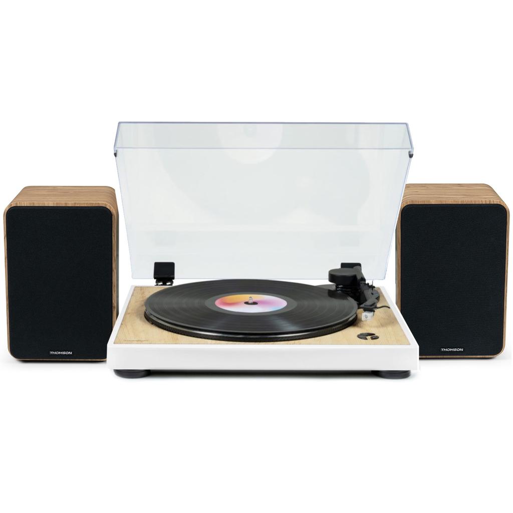Platine Vinyle Tourne Disque Pré-amplifié Thomson TT301 Finition BOIS/Blanc - 33/45 tours, Lecture et retour du bras auto. Enceintes Bois 100W Reconditionné - Thomson reconditionné disponible sur Backmarket