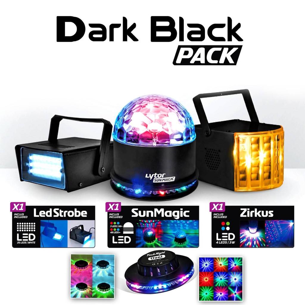 Éclairage Lytor Pack Dark Black 4 Effets Derby Zirkus + SunMagic ASTRO/UFO + Strobe + Ovni Reconditionné - N/A reconditionné disponible sur Backmarket