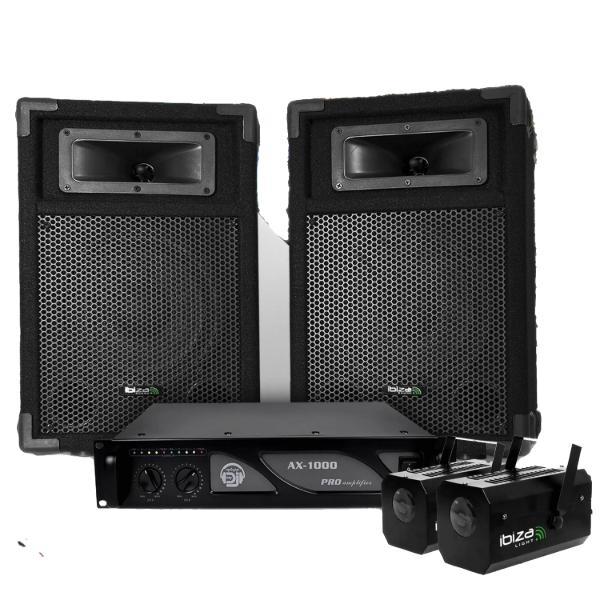 Enceintes sono Ibiza Sound PACK SONO 2 Enceintes passives 8"" 2x180W + Ampli 1000W + 2 MoonFlowers + Câbles STAR360 Reconditionné - Ibiza Sound reconditionné disponible sur Backmarket