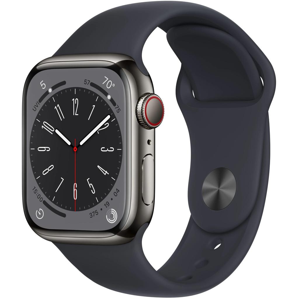 Apple Watch Series 8 (2022) GPS + Cellular 41 mm - Acier inoxydable Graphite - Bracelet sport Noir Reconditionné - Apple reconditionné disponible sur Backmarket