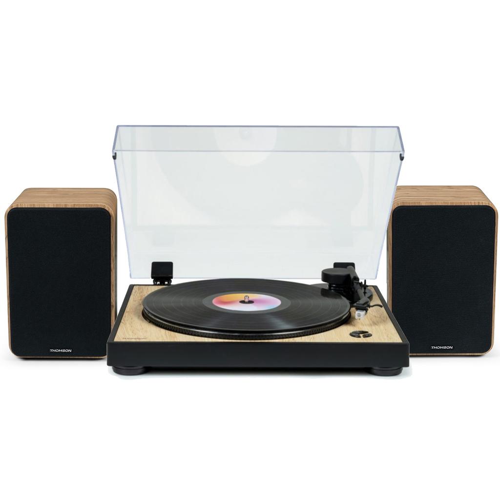 Platine Vinyle Tourne Disque Pré-amplifié Thomson TT300 Finition BOIS/NOIR - 33/45 tours, Lecture et retour du bras auto. Enceintes Bois 100W Reconditionné - Thomson reconditionné disponible sur Backmarket