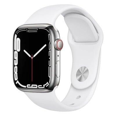 Apple Watch Series 7 (2021) GPS + Cellular 45 mm - Acier inoxydable Argent - Bracelet sport Blanc Reconditionné - Apple reconditionné disponible sur Backmarket