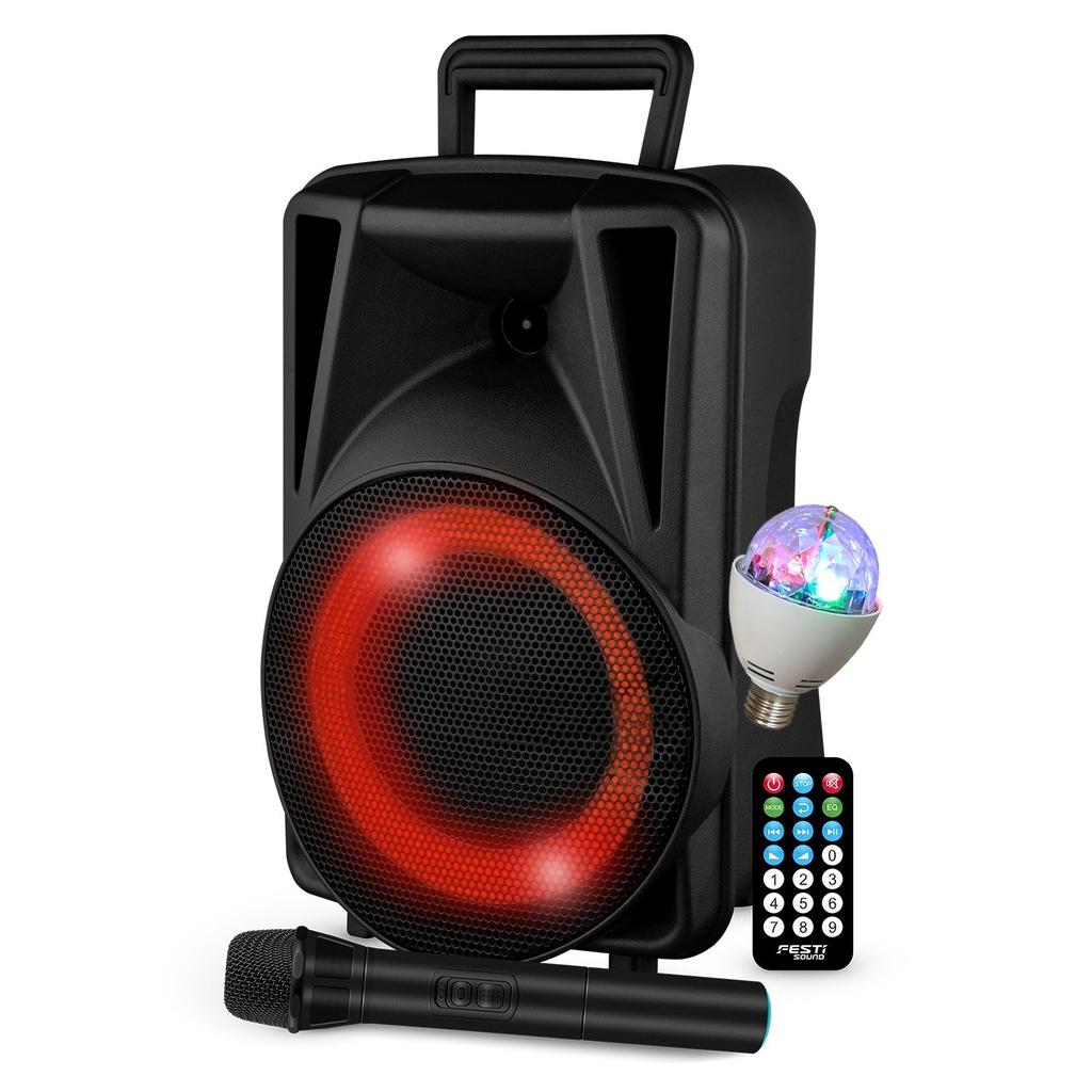 Enceintes sono Enceinte Active - FestiSound FESTI08 - 8"" 20CM - 200W - Batterie - Effet RING LED - USB SD Bluetooth TWS - Micro VHF + Ampoule Reconditionné - N/A reconditionné disponible sur Backmarket