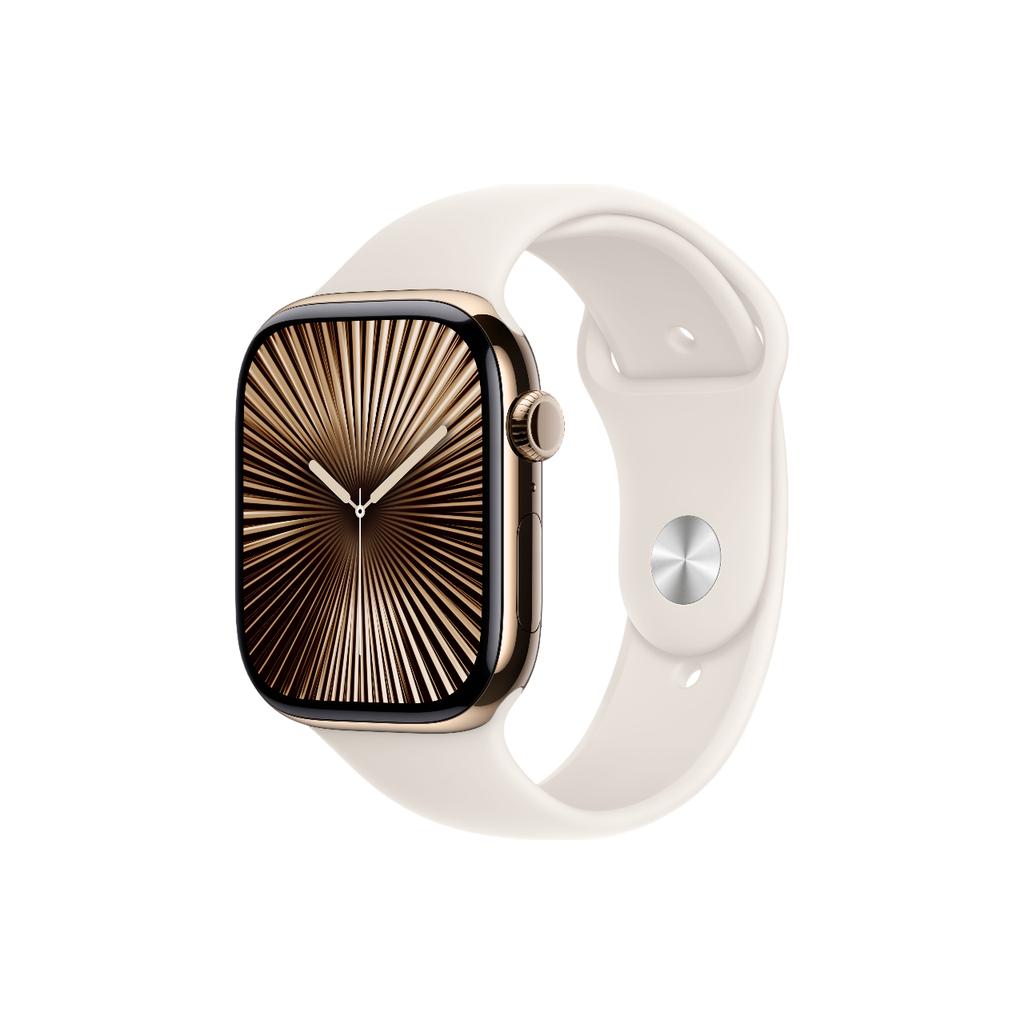Apple Watch Series 10 (2024) GPS + Cellular 46 mm - Titane Or - Bracelet sport Lumière stellaire Reconditionné - Apple reconditionné disponible sur Backmarket