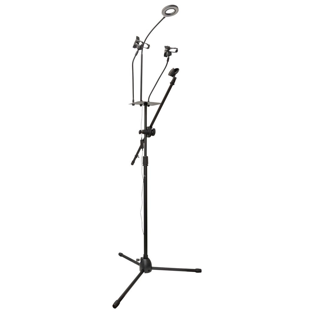 Perche selfie Ring Light - NJS069B - à LED, perche pour microphone, 2 supports de téléphone et plate-forme de stockage