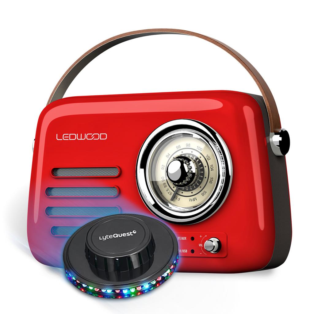 Radio Radio Rétro portable Ledwood ALMA, FM, Bluetooth 5.3 Entrée USB, Puissance 30W Batterie 1500mAh - Retro Vintage Rouge, OVNI LED