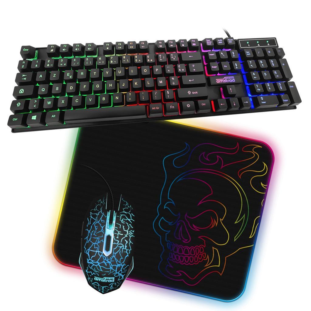 Clavier AZERTY Français rétroéclairé Pack Gamer AMSTRAD BATTLE 5 pièces: Clavier, Souris & tapis, Casque & adaptateur. USB & Retro-éclairage RGB