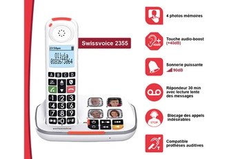 Xtra 2355 pour Sénior avec répondeur, grand écran rétro éclairé, grosses touches et des fonctions de confort renforcées. Très bon état - Swissvoice reconditionné disponible sur Darty