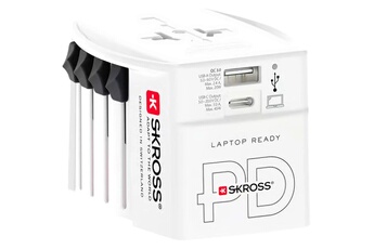 Adaptateur 15O PAYS + sortie USB + Sortie Type C 45 WATTS+ cables High Speed charging 160 CM Bon état - Skross reconditionné disponible sur Darty