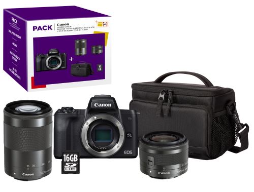 Pack Fnac Hybride Canon EOS M50 Noir + Objectif EF-M 15-45 mm f/3.5-6.3 IS STM + Objectif EF-M 55-200 mm f/4.5-6.3 IS STM Noir + Etui + Carte SD 16 Go
