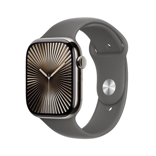 Apple Watch Series 10 GPS + Cellular 46mm Boîtier en Titane Naturel avec Bracelet Sport Gris Minéral M/L État correct - Apple reconditionné disponible sur Fnac