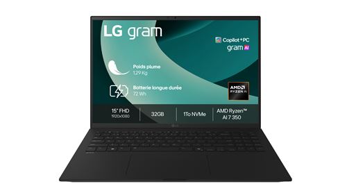 PC portable LG Gram 15 15Z80T-G.AU88F 15"" Copilot+PC AMD Ryzen™ AI 7 32 Go RAM 1 To SSD Noir Obsidien État correct - LG reconditionné disponible sur Fnac