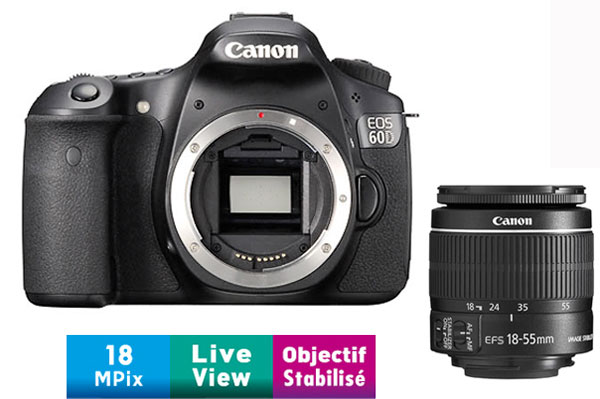 Canon EOS 60D + Obj. Canon EF-S IS II 18 - 55 mm f/3.5 - 5.6 État correct - Canon reconditionné disponible sur Fnac