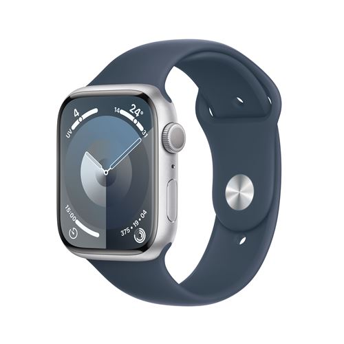 Apple Watch Series 9 GPS Boîtier en Aluminium Argenté de 45 mm avec Bracelet Sport Bleu Orage M/L État correct - Apple reconditionné disponible sur Fnac