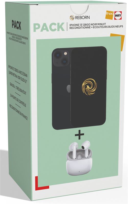 Pack Apple iPhone 13 6,1"" 5G Nano SIM 128 Go Noir Reconditionné Grade A Reborn + Ecouteurs sans fil blancs Neufs État correct - N/A reconditionné disponible sur Fnac