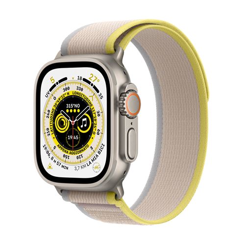 Apple Watch Ultra - 49 mm - titane - montre intelligente avec Boucle Trail - deux couches de matières textiles tissées - jaune/beige - taille du bracelet : S/M - 32 Go - Wi-Fi, LTE, UWB, Bluetooth - 4G - 61.3 g État correct - N/A reconditionné disponible sur Fnac