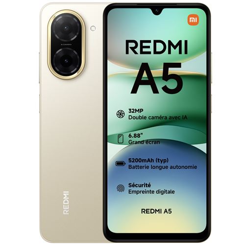 Smartphone Xiaomi Redmi A5 6,88"" Double nano SIM 128 Go Sandy Gold État correct - Xiaomi reconditionné disponible sur Fnac
