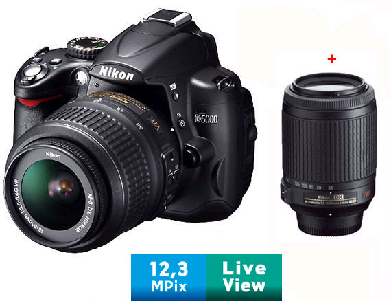 Nikon D5000 + 2 Obj. Nikon AF-S DX VR : 18 - 55 mm f/3.5 - 5.6 G + 55 - 200 mm f/4.0 - 5.6 IF ED État correct - Nikon reconditionné disponible sur Fnac