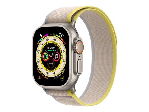 Apple Watch Ultra - 49 mm - titane - montre intelligente avec Boucle Trail - deux couches de matières textiles tissées - jaune/beige - taille du bracelet : M/L - 32 Go - Wi-Fi, LTE, UWB, Bluetooth - 4G - 61.3 g État correct - N/A reconditionné disponible sur Fnac