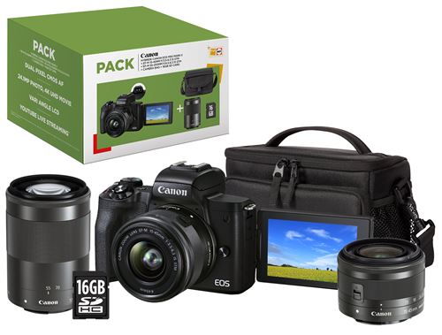 Pack Fnac Hybride Canon EOS M50 Mark II Noir + Objectif EF-M 15-45 mm f/3.5-6.3 IS STM + Objectif EF-M 55-200 mm f/4.5-6.3 IS STM Noir + Etui + Carte SD 16 Go - État correct Canon sur Fnac