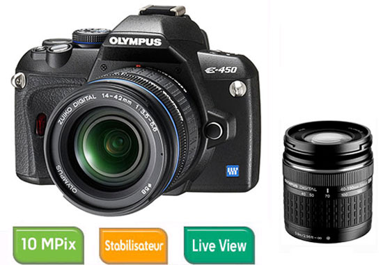 Olympus E-450 + 2 Obj. Olympus Zuiko ED 14 - 42 mm f/3.5 - 5.6 + 40 - 150 mm f/4 -5,6 État correct - Olympus reconditionné disponible sur Fnac