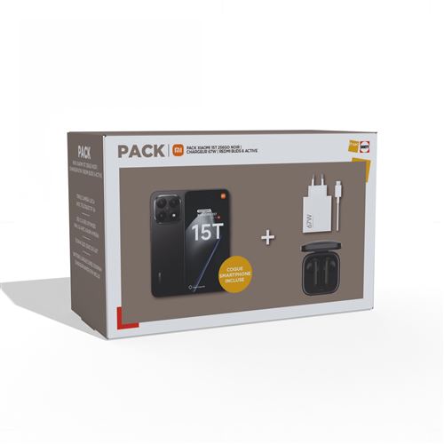 Pack Smartphone Xiaomi 15T 6,83"" 5G Double Nano SIM 256 Go Noir conçu avec Leica + Xiaomi Hyper chargeur 67 W sans câble + Redmi buds 6 active Noir État correct - Xiaomi reconditionné disponible sur Fnac