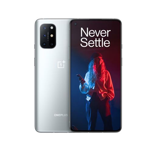 OnePlus 8T - 5G smartphone - double SIM - RAM 8 Go / Mémoire interne 128 Go - écran OEL - 6.55"" - 2400 x 1080 pixels (120 Hz) - 4x caméras arrière 48 MP, 16 MP, 5 MP, 2 MP - front camera 16 MP - argent lunaire État correct - OnePlus reconditionné disponible sur Fnac