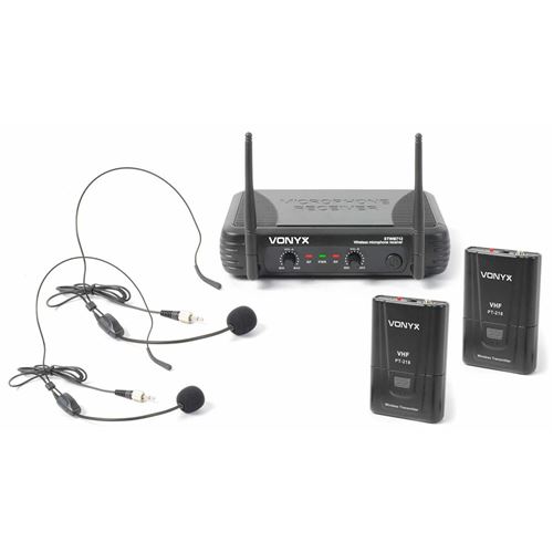 SkyTec STWM712H - Système sans fil VHF 2 canaux avec serre-tête, 2 casques 2 émetteurs et un récepteur, portée jusqu'à 50 mètres État correct - Skytec reconditionné disponible sur Fnac