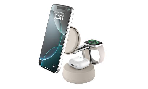 Station de recharge aimantée 3 en 1 Belkin UltraCharge Pro + câble et adaptateur secteur USB-C Sable État correct - Belkin reconditionné disponible sur Fnac