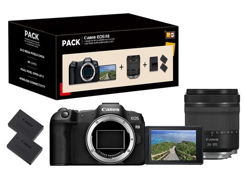 Pack Fnac Appareil photo hybride Canon EOS R8 + RF 24-105mm f/4-7,1 IS STM + 2ème batterie État correct - Canon reconditionné disponible sur Fnac
