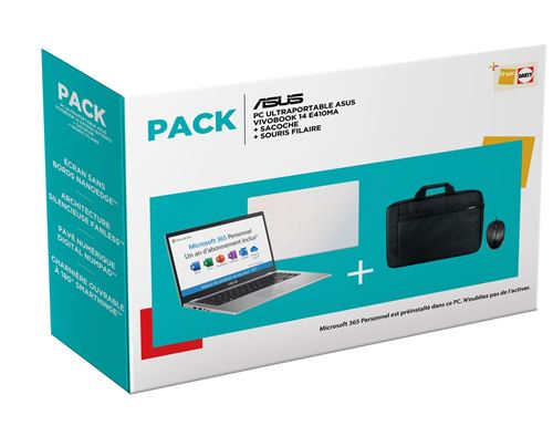 Pack PC Ultra-Portable Asus VivoBook E410MA-BV1169TS 14"" Intel Celeron 4 Go RAM 64 Go eMMC Blanc + Sacoche + Souris filaire État correct - Asus reconditionné disponible sur Fnac