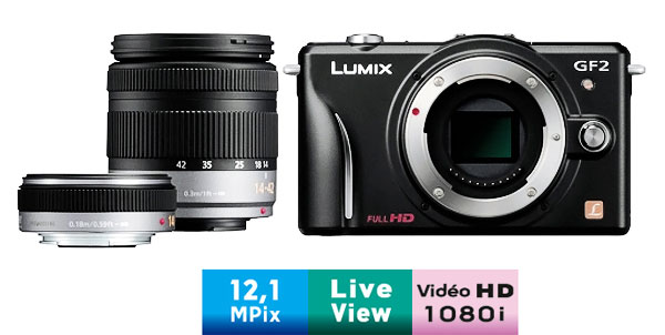 Panasonic Lumix DMC-GF2-W Noir + 2 Obj. Lumix G : Vario MEGA O.I.S. 14 - 42 mm f/3.5 - 5.6 ASPH + Pancake 14 mm f/2.5 ASPH. État correct - Panasonic reconditionné disponible sur Fnac