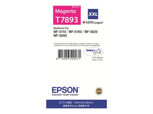 Epson T7893 - 34.2 ml - taille XXL - magenta - original - cartouche d'impression - pour WorkForce Pro WF-5110DW, WF-5190DW, WF-5190DW BAM, WF-5620DWF, WF-5690DWF, WF-5690DWF BAM État correct - Epson reconditionné disponible sur Fnac