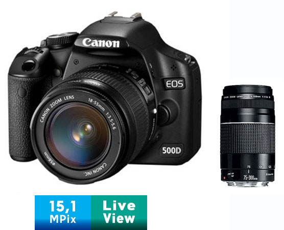 Canon EOS 500D + 2 Obj. non stabilisés Canon : 18 - 55 mm + 75 - 300 mm État correct - Canon reconditionné disponible sur Fnac