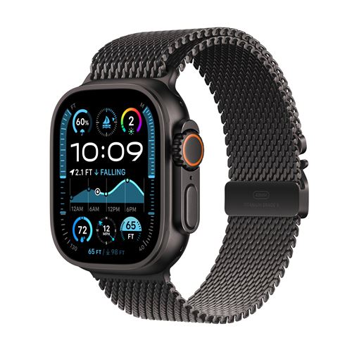 Apple Watch Ultra 2 GPS + Cellular 49 mm Boîtier en Titane Noir avec Bracelet Milanais Titane Noir S version 2024 État correct - Apple reconditionné disponible sur Fnac