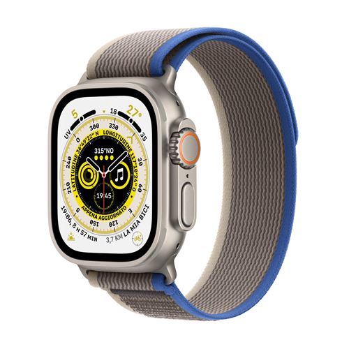 Apple Watch Ultra - 49 mm - titane - montre intelligente avec Boucle Trail - deux couches de matières textiles tissées - bleu/gris - taille du bracelet : S/M - 32 Go - Wi-Fi, LTE, UWB, Bluetooth - 4G - 61.3 g État correct - N/A reconditionné disponible sur Fnac