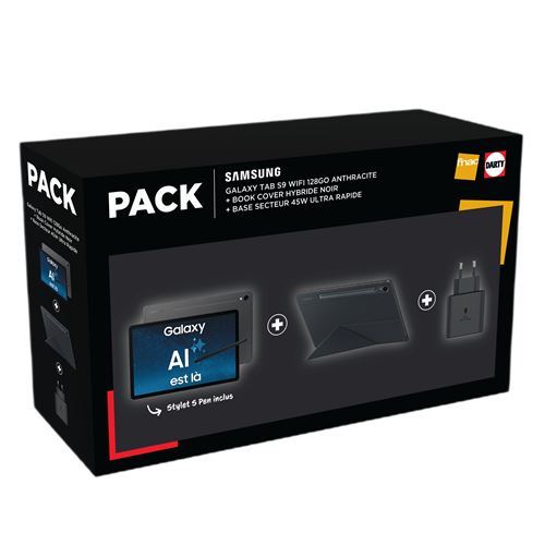 Pack Tablette tactile Samsung Galaxy Tab S9 AI 11"" Wifi 128 Go Anthracite + Book cover hybride Noir + Base secteur 45 W ultra rapide État correct - Samsung reconditionné disponible sur Fnac