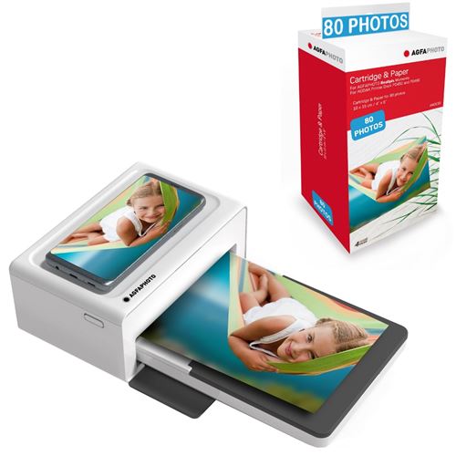 AGFAPHOTO Pack Imprimante Realipix Moments + Cartouches et papiers 80 photos supplementaires - Impression Bluetooth Photo 10x15 cm Smartphone Apple et Android, 4Pass Sublimation Thermique - Blanc État correct - N/A reconditionné disponible sur Fnac