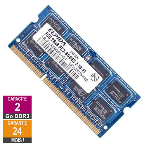 Barrette Mémoire 2Go RAM DDR3 Elpida EBJ21UE8BDS0-AE-F SO-DIMM PC3-8500 1066MHz 2Rx8 État correct - N/A reconditionné disponible sur Fnac