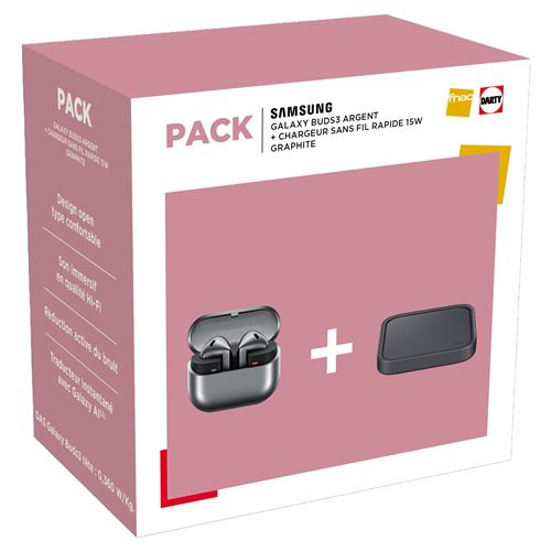 Pack Ecouteurs intra-auriculaires sans fil Samsung Galaxy Buds 3 avec réduction de bruit Argent + Chargeur sans fil rapide 15 W Graphite État correct - Samsung reconditionné disponible sur Fnac