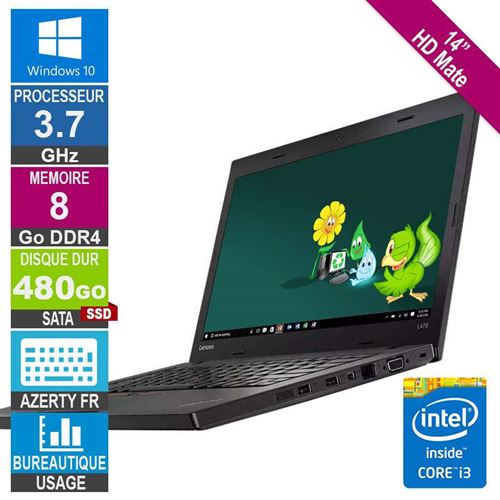 PC Portable Lenovo stockage 480 Go ThinkPad L470 Intel core i3 14 pouces RAM 8 Go État correct - N/A reconditionné disponible sur Fnac