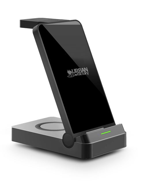 Chargeur 3 en 1 Urban Factory Powee Pro avec fonction stand pour Smartphone Smartwatch et Ecouteurs 22,5 W Noir État correct - Urban Factory reconditionné disponible sur Fnac