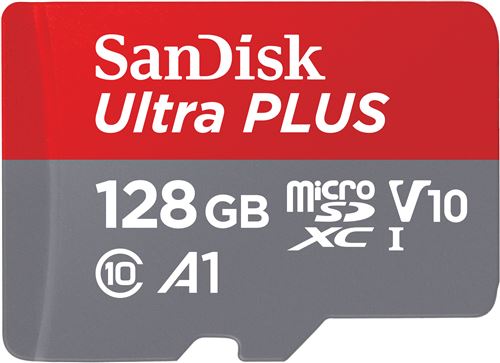 Carte mémoire micro SD SanDisk Ultra Plus micro SDXC 128 Go Gris et Rouge + Adaptateur SD 150 MB/s A1 Class 10 UHS-I État correct - SanDisk reconditionné disponible sur Fnac