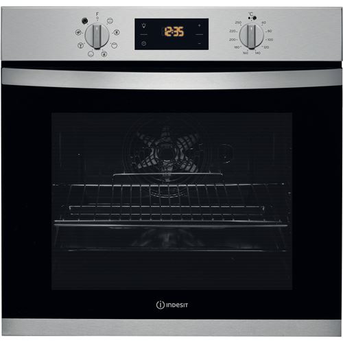 Four, catalyse, inox, cavite large 71 L, chaleur tournante, 8 fonctions dont 1 fonction automatique Turn & Cook, Contre porte Click & Clean, 2 grilles, 1 lechefrite, gril basculant, glissieres inox, classe A, ligne Aria État correct - Indesit reconditionné disponible sur Fnac