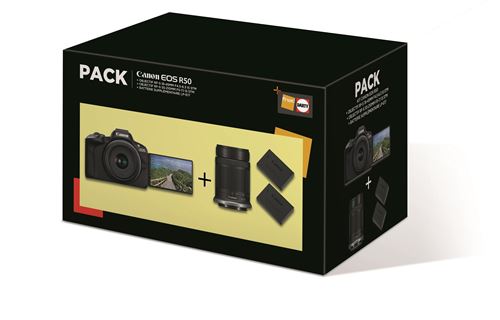 Pack Fnac Appareil photo hybride Canon EOS R50 Noir + RF-S 18-45mm f/4.5-6.3 IS STM + RF-S 55-210mm f/5-7.1 IS STM + 2ème batterie + chargeur État correct - Canon reconditionné disponible sur Fnac