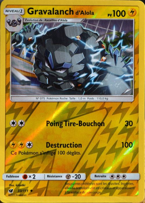 carte Pokémon 33/111 Gravalanch d’Alola 100 PV - REVERSE État correct - Pokémon reconditionné disponible sur Fnac