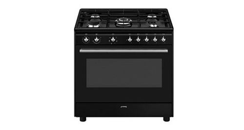 Centre de cuisson 90 cm, 5 bruleurs gaz dont 1 ultra-rapide surpuissant 4 kW, four multifonction (9 dont double chaleur tournante), nettoyage catalyse, moufle geant 115 litres nets, eclairage 2 halogenes, classe A, compartiment de rangement abattant État correct - Smeg reconditionné disponible sur Fnac